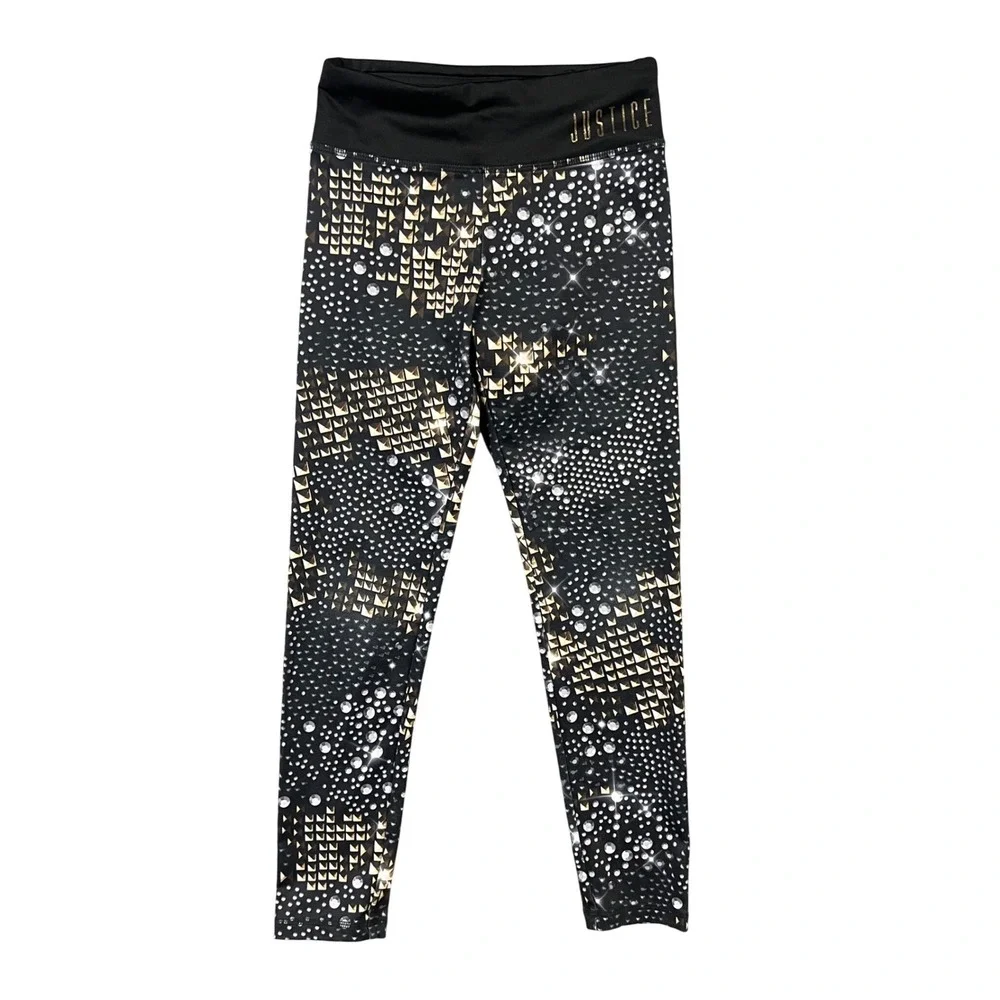Justice Active Leggings Girls 10 Black Gold‎ Faux Rhinestone Stud Print Pull On